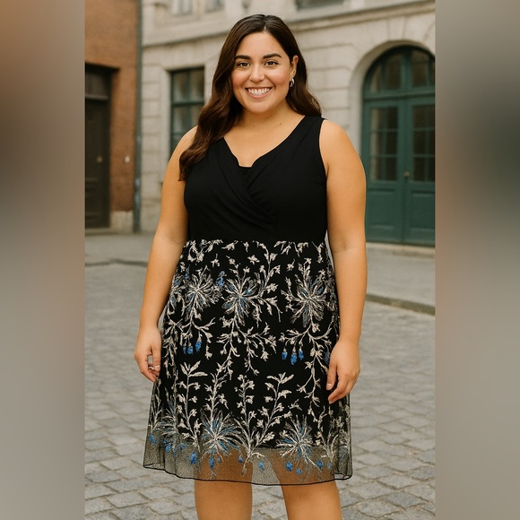Adrianna Papell 22W Black & White Embroidered Fit & Flare Dress  NWT $169  MSRP